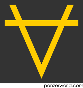 Yellow figure of a V with a horizontal cross stroke a quarter from the top.