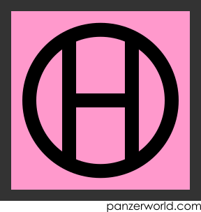 Black circle with a black capital letter H on a pink square.