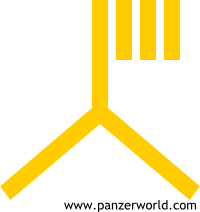 A yellow inverted Y, with three vertical lines to the top right side.