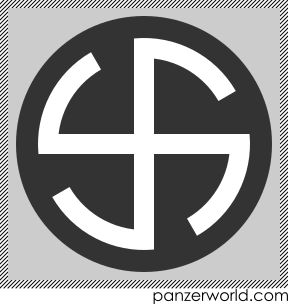 White swastika with curved arms on a dark background.