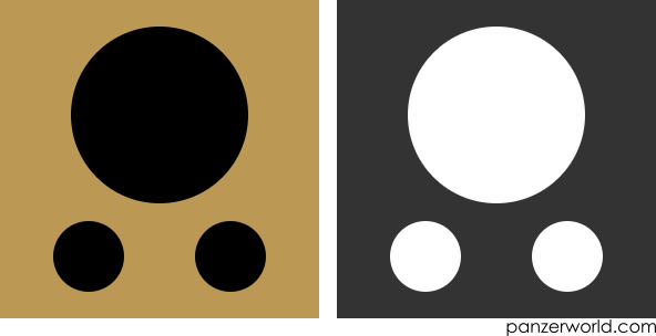 Disc with two smaller discs beneath. The larger disc is 2.5 times larger than the smaller ones. The smaller discs are seperated from the larger one by a small space, and are placed along the left and right side of the large disc respectively. Both a black-on-khaki and a white-on-gray variant are shown.