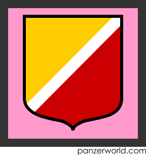 Shield outlined in black with a white diagonal running from bottom-left to top-right, with the top left field in yellow and the bottom right field in red, on a pink square.